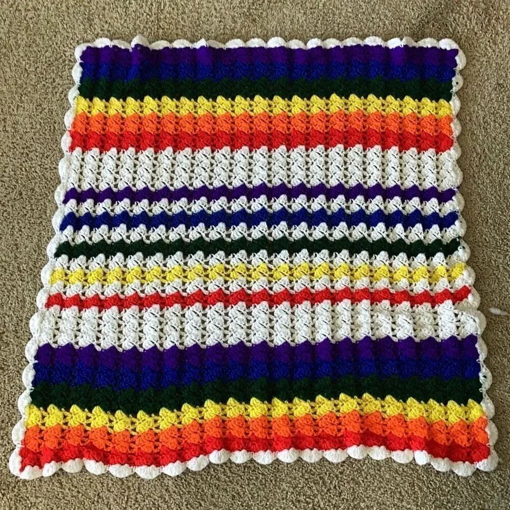 Vintage Handmade Rainbow Pride Crochet Afghan Blanket 36” X 36” Cottage Core